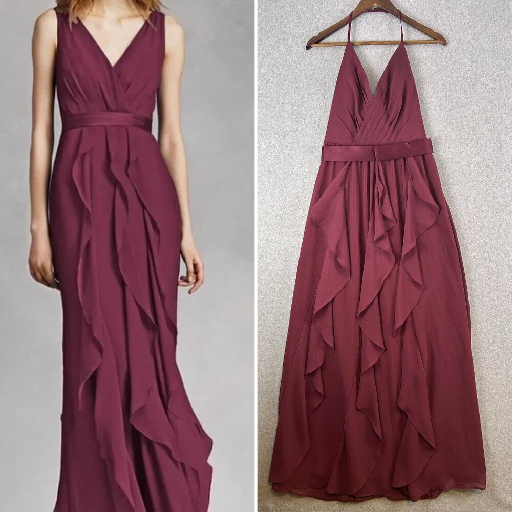 White by Vera Wang Maxi Dress Women 4 Wine Ruffle Halter Bridesmaid Formal Gown
